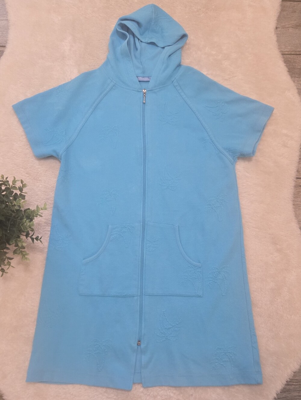 Sun Casuals Blue Terry Cloth Zip Front Hooded Swim Cover Up Dress, Small